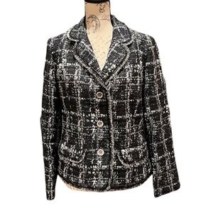 Chico's Shattered Tweed Black White and Blue Blazer With Pockets. Size M